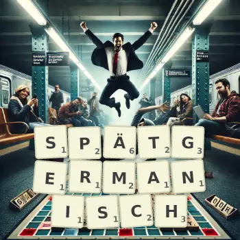 Kreative Illustration für ein Scrabble-Spiel, bei dem das Wort SPÄTGERMANISCH mit Steinen auf dem Brett gelegt wurde.