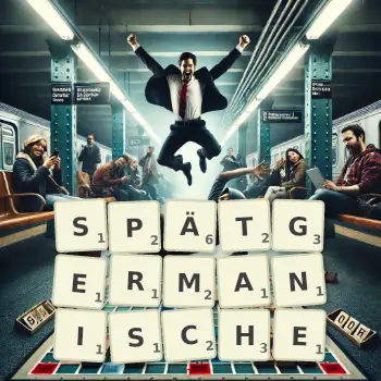 Kreative Illustration für ein Scrabble-Spiel, bei dem das Wort SPÄTGERMANISCHE mit Steinen auf dem Brett gelegt wurde.