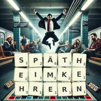 Kreative Illustration für ein Scrabble-Spiel, bei dem das Wort SPÄTHEIMKEHRERN mit Steinen auf dem Brett gelegt wurde.