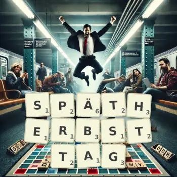 Kreative Illustration für ein Scrabble-Spiel, bei dem das Wort SPÄTHERBSTTAG mit Steinen auf dem Brett gelegt wurde.