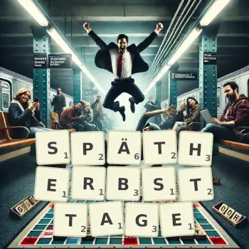 Kreative Illustration für ein Scrabble-Spiel, bei dem das Wort SPÄTHERBSTTAGE mit Steinen auf dem Brett gelegt wurde.