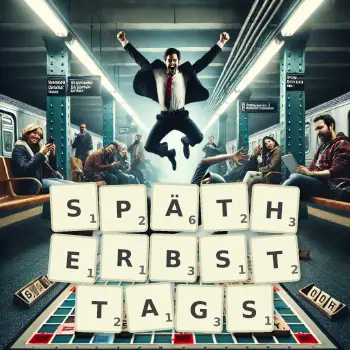 Kreative Illustration für ein Scrabble-Spiel, bei dem das Wort SPÄTHERBSTTAGS mit Steinen auf dem Brett gelegt wurde.