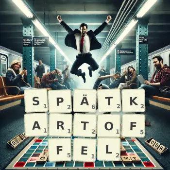 Kreative Illustration für ein Scrabble-Spiel, bei dem das Wort SPÄTKARTOFFEL mit Steinen auf dem Brett gelegt wurde.