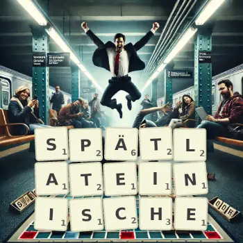 Kreative Illustration für ein Scrabble-Spiel, bei dem das Wort SPÄTLATEINISCHE mit Steinen auf dem Brett gelegt wurde.
