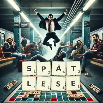 Kreative Illustration für ein Scrabble-Spiel, bei dem das Wort SPÄTLESE mit Steinen auf dem Brett gelegt wurde.