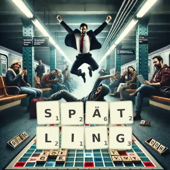 Kreative Illustration für ein Scrabble-Spiel, bei dem das Wort SPÄTLING mit Steinen auf dem Brett gelegt wurde.