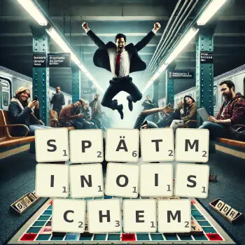 Kreative Illustration für ein Scrabble-Spiel, bei dem das Wort SPÄTMINOISCHEM mit Steinen auf dem Brett gelegt wurde.