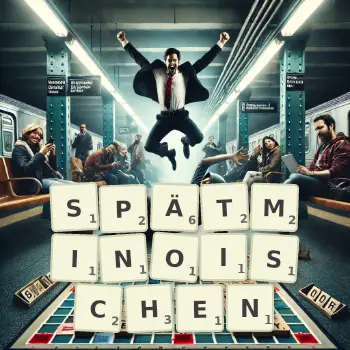 Kreative Illustration für ein Scrabble-Spiel, bei dem das Wort SPÄTMINOISCHEN mit Steinen auf dem Brett gelegt wurde.