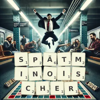 Kreative Illustration für ein Scrabble-Spiel, bei dem das Wort SPÄTMINOISCHER mit Steinen auf dem Brett gelegt wurde.
