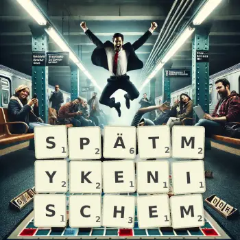 Kreative Illustration für ein Scrabble-Spiel, bei dem das Wort SPÄTMYKENISCHEM mit Steinen auf dem Brett gelegt wurde.