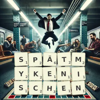 Kreative Illustration für ein Scrabble-Spiel, bei dem das Wort SPÄTMYKENISCHEN mit Steinen auf dem Brett gelegt wurde.