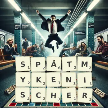 Kreative Illustration für ein Scrabble-Spiel, bei dem das Wort SPÄTMYKENISCHER mit Steinen auf dem Brett gelegt wurde.