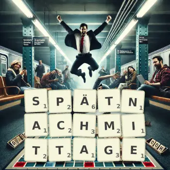 Kreative Illustration für ein Scrabble-Spiel, bei dem das Wort SPÄTNACHMITTAGE mit Steinen auf dem Brett gelegt wurde.