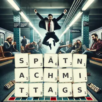 Kreative Illustration für ein Scrabble-Spiel, bei dem das Wort SPÄTNACHMITTAGS mit Steinen auf dem Brett gelegt wurde.