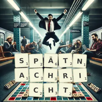 Kreative Illustration für ein Scrabble-Spiel, bei dem das Wort SPÄTNACHRICHT mit Steinen auf dem Brett gelegt wurde.