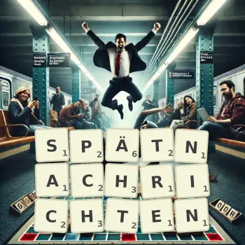 Kreative Illustration für ein Scrabble-Spiel, bei dem das Wort SPÄTNACHRICHTEN mit Steinen auf dem Brett gelegt wurde.