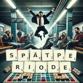 Kreative Illustration für ein Scrabble-Spiel, bei dem das Wort SPÄTPERIODE mit Steinen auf dem Brett gelegt wurde.