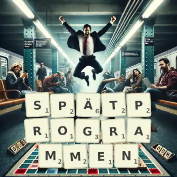 Kreative Illustration für ein Scrabble-Spiel, bei dem das Wort SPÄTPROGRAMMEN mit Steinen auf dem Brett gelegt wurde.