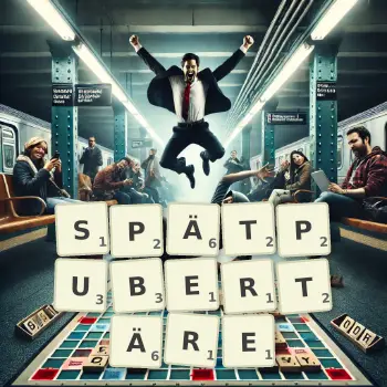 Kreative Illustration für ein Scrabble-Spiel, bei dem das Wort SPÄTPUBERTÄRE mit Steinen auf dem Brett gelegt wurde.
