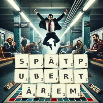 Kreative Illustration für ein Scrabble-Spiel, bei dem das Wort SPÄTPUBERTÄREM mit Steinen auf dem Brett gelegt wurde.