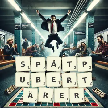 Kreative Illustration für ein Scrabble-Spiel, bei dem das Wort SPÄTPUBERTÄRER mit Steinen auf dem Brett gelegt wurde.