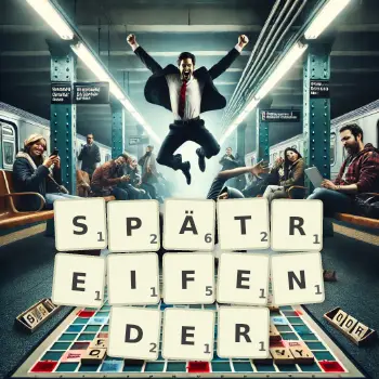 Kreative Illustration für ein Scrabble-Spiel, bei dem das Wort SPÄTREIFENDER mit Steinen auf dem Brett gelegt wurde.