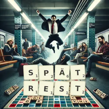 Kreative Illustration für ein Scrabble-Spiel, bei dem das Wort SPÄTREST mit Steinen auf dem Brett gelegt wurde.