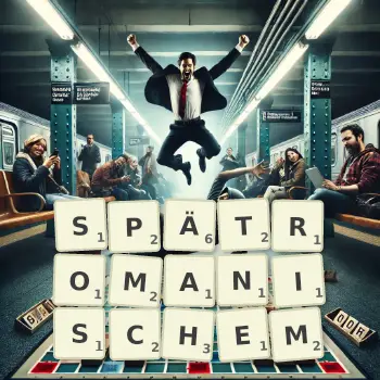 Kreative Illustration für ein Scrabble-Spiel, bei dem das Wort SPÄTROMANISCHEM mit Steinen auf dem Brett gelegt wurde.