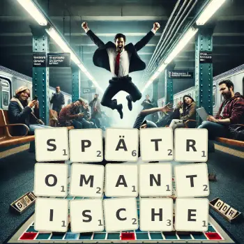 Kreative Illustration für ein Scrabble-Spiel, bei dem das Wort SPÄTROMANTISCHE mit Steinen auf dem Brett gelegt wurde.