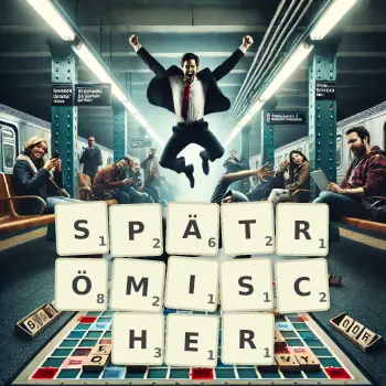 Kreative Illustration für ein Scrabble-Spiel, bei dem das Wort SPÄTRÖMISCHER mit Steinen auf dem Brett gelegt wurde.