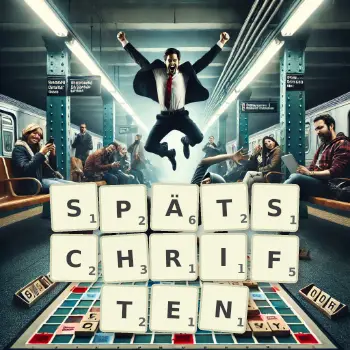 Kreative Illustration für ein Scrabble-Spiel, bei dem das Wort SPÄTSCHRIFTEN mit Steinen auf dem Brett gelegt wurde.