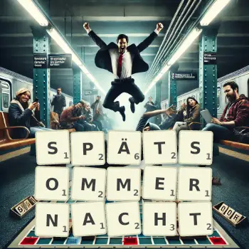 Kreative Illustration für ein Scrabble-Spiel, bei dem das Wort SPÄTSOMMERNACHT mit Steinen auf dem Brett gelegt wurde.