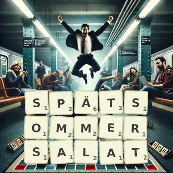 Kreative Illustration für ein Scrabble-Spiel, bei dem das Wort SPÄTSOMMERSALAT mit Steinen auf dem Brett gelegt wurde.
