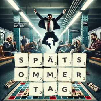 Kreative Illustration für ein Scrabble-Spiel, bei dem das Wort SPÄTSOMMERTAG mit Steinen auf dem Brett gelegt wurde.