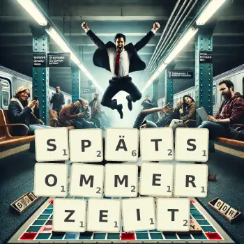 Kreative Illustration für ein Scrabble-Spiel, bei dem das Wort SPÄTSOMMERZEIT mit Steinen auf dem Brett gelegt wurde.