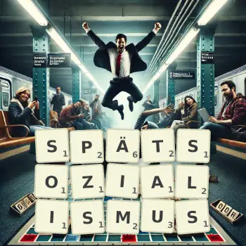 Kreative Illustration für ein Scrabble-Spiel, bei dem das Wort SPÄTSOZIALISMUS mit Steinen auf dem Brett gelegt wurde.