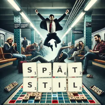 Kreative Illustration für ein Scrabble-Spiel, bei dem das Wort SPÄTSTIL mit Steinen auf dem Brett gelegt wurde.