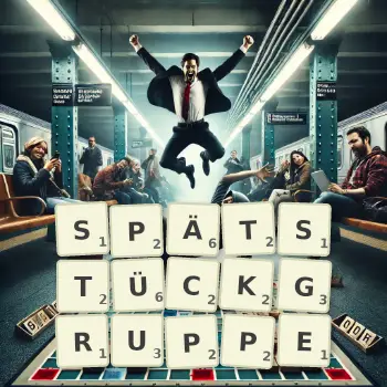 Kreative Illustration für ein Scrabble-Spiel, bei dem das Wort SPÄTSTÜCKGRUPPE mit Steinen auf dem Brett gelegt wurde.