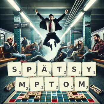 Kreative Illustration für ein Scrabble-Spiel, bei dem das Wort SPÄTSYMPTOM mit Steinen auf dem Brett gelegt wurde.