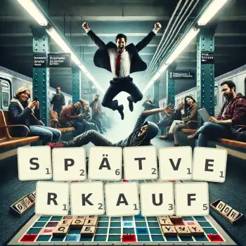 Kreative Illustration für ein Scrabble-Spiel, bei dem das Wort SPÄTVERKAUF mit Steinen auf dem Brett gelegt wurde.