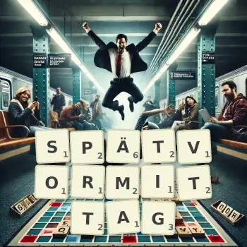 Kreative Illustration für ein Scrabble-Spiel, bei dem das Wort SPÄTVORMITTAG mit Steinen auf dem Brett gelegt wurde.
