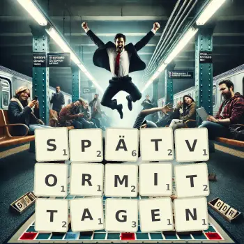 Kreative Illustration für ein Scrabble-Spiel, bei dem das Wort SPÄTVORMITTAGEN mit Steinen auf dem Brett gelegt wurde.