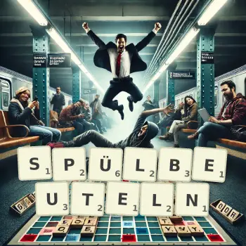 Kreative Illustration für ein Scrabble-Spiel, bei dem das Wort SPÜLBEUTELN mit Steinen auf dem Brett gelegt wurde.