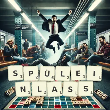 Kreative Illustration für ein Scrabble-Spiel, bei dem das Wort SPÜLEINLASS mit Steinen auf dem Brett gelegt wurde.