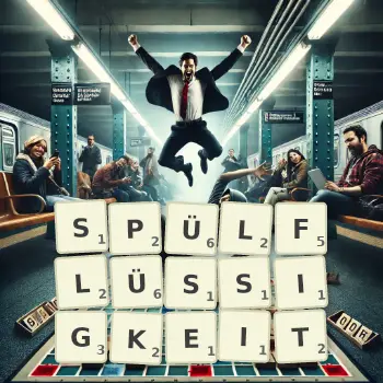 Kreative Illustration für ein Scrabble-Spiel, bei dem das Wort SPÜLFLÜSSIGKEIT mit Steinen auf dem Brett gelegt wurde.