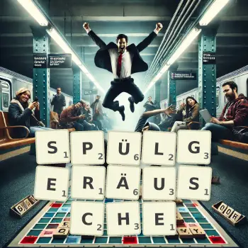 Kreative Illustration für ein Scrabble-Spiel, bei dem das Wort SPÜLGERÄUSCHE mit Steinen auf dem Brett gelegt wurde.