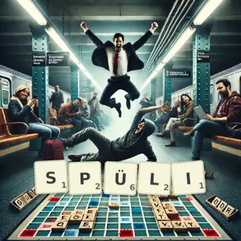 Kreative Illustration für ein Scrabble-Spiel, bei dem das Wort SPÜLI mit Steinen auf dem Brett gelegt wurde.