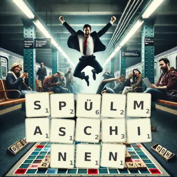 Kreative Illustration für ein Scrabble-Spiel, bei dem das Wort SPÜLMASCHINEN mit Steinen auf dem Brett gelegt wurde.