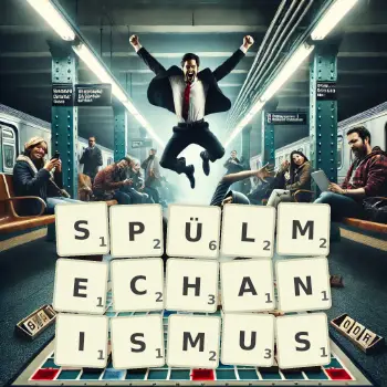 Kreative Illustration für ein Scrabble-Spiel, bei dem das Wort SPÜLMECHANISMUS mit Steinen auf dem Brett gelegt wurde.