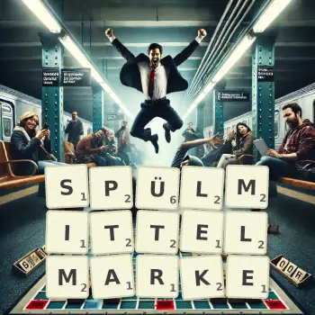 Kreative Illustration für ein Scrabble-Spiel, bei dem das Wort SPÜLMITTELMARKE mit Steinen auf dem Brett gelegt wurde.